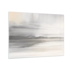 Obraz na skle - Jemná, rozmazaná horská panoráma v pastelovosivých tónoch - 70x50cm - Zamyslená diaľka - Moderná nástenná dekorácia do obývacej izby a spálne ARTTOR