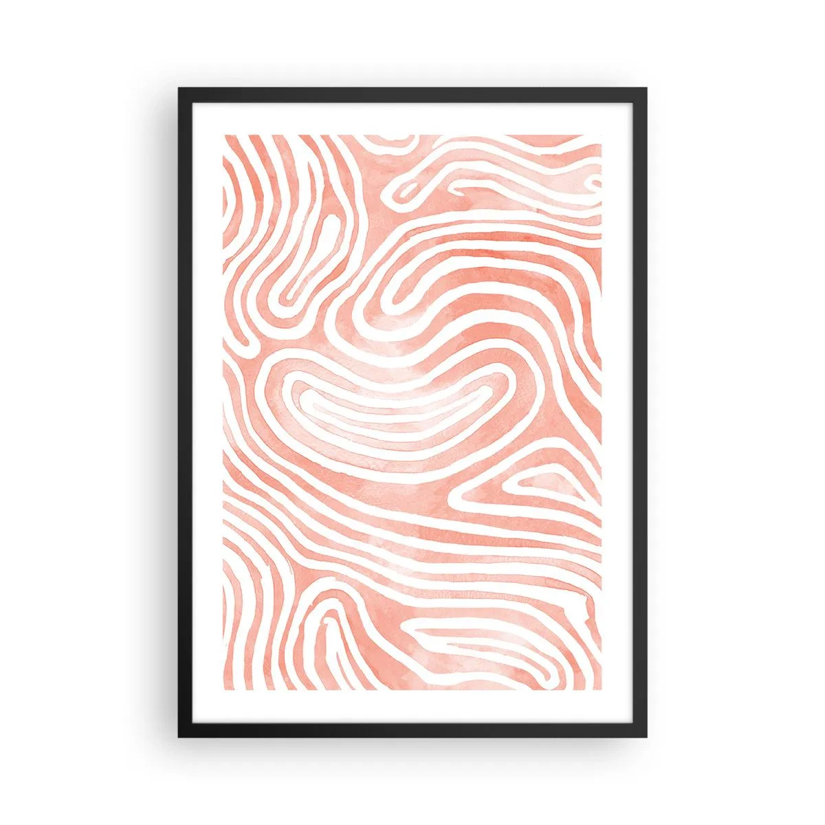 Plagát v čiernom ráme - Abstraktné čiary v odtieňoch lososa a bielej - 50x70cm - V koralovom labyrinte - Moderná nástenná dekorácia do obývacej izby a spálne ARTTOR