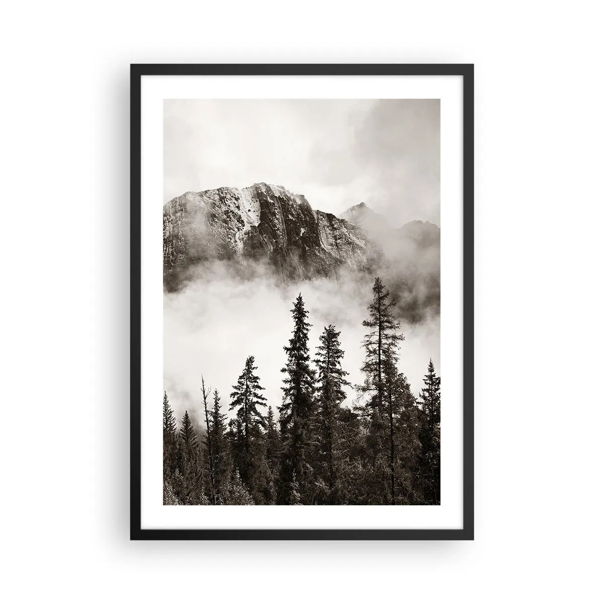 Plagát v čiernom ráme - Horská krajina so stromami a hmlou - 50x70cm - Žulový panovník - Moderná nástenná dekorácia do obývacej izby a spálne ARTTOR