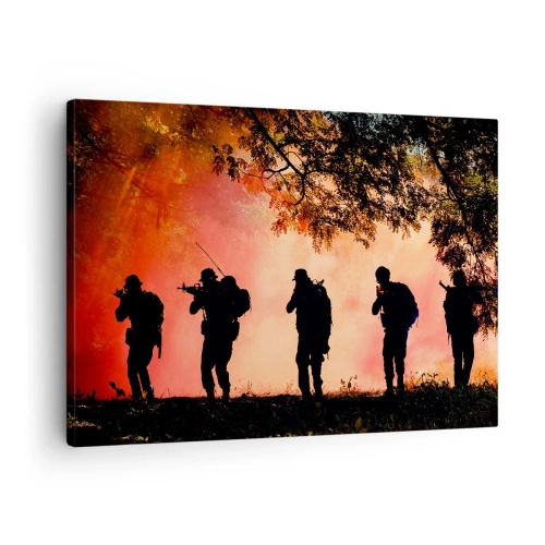 Obraz na plátne - Siluety vojakov v lese proti oranžovej oblohe - 70x50cm - …Všetci za jedného. - Moderná nástenná dekorácia do obývacej izby a spálne ARTTOR