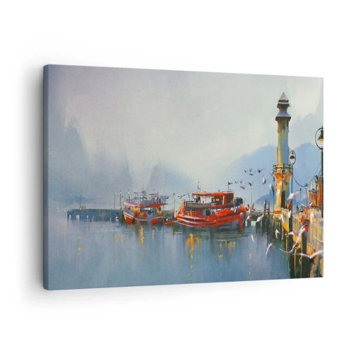 Obraz na plátne - Prístav s červenými loďami obklopený hmlistou krajinou - 70x50cm - Na konci sveta - Moderná nástenná dekorácia do obývacej izby a spálne ARTTOR