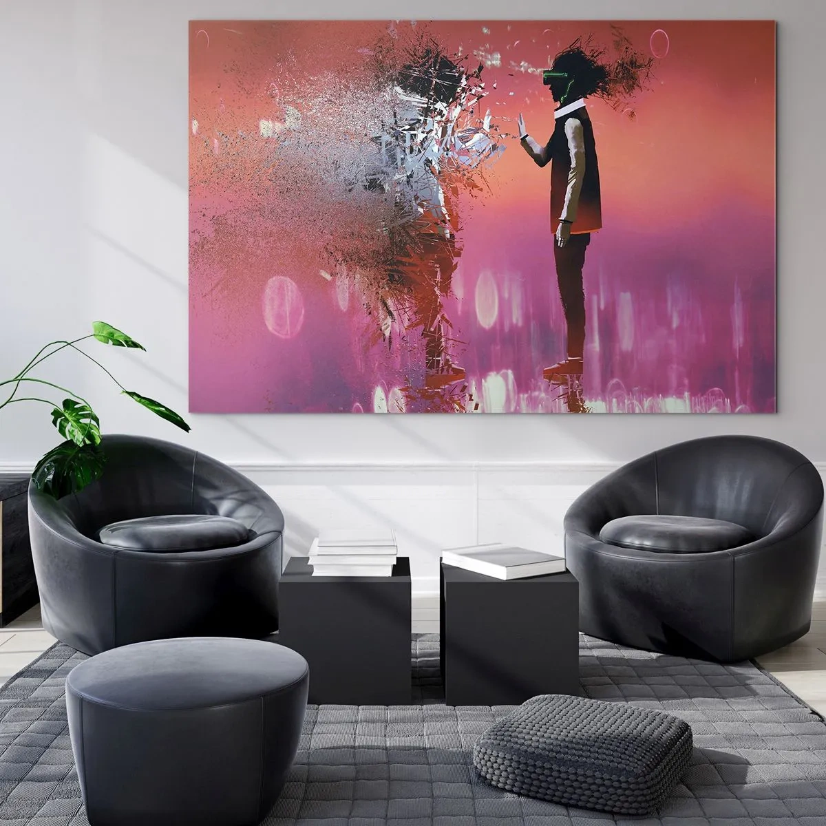 Obraz na skle - Postava vo virtuálnej realite s rozptyľujúcim sa tieňom - 70x50cm - Je možné nahliadnuť do seba? - Moderná nástenná dekorácia do obývacej izby a spálne ARTTOR