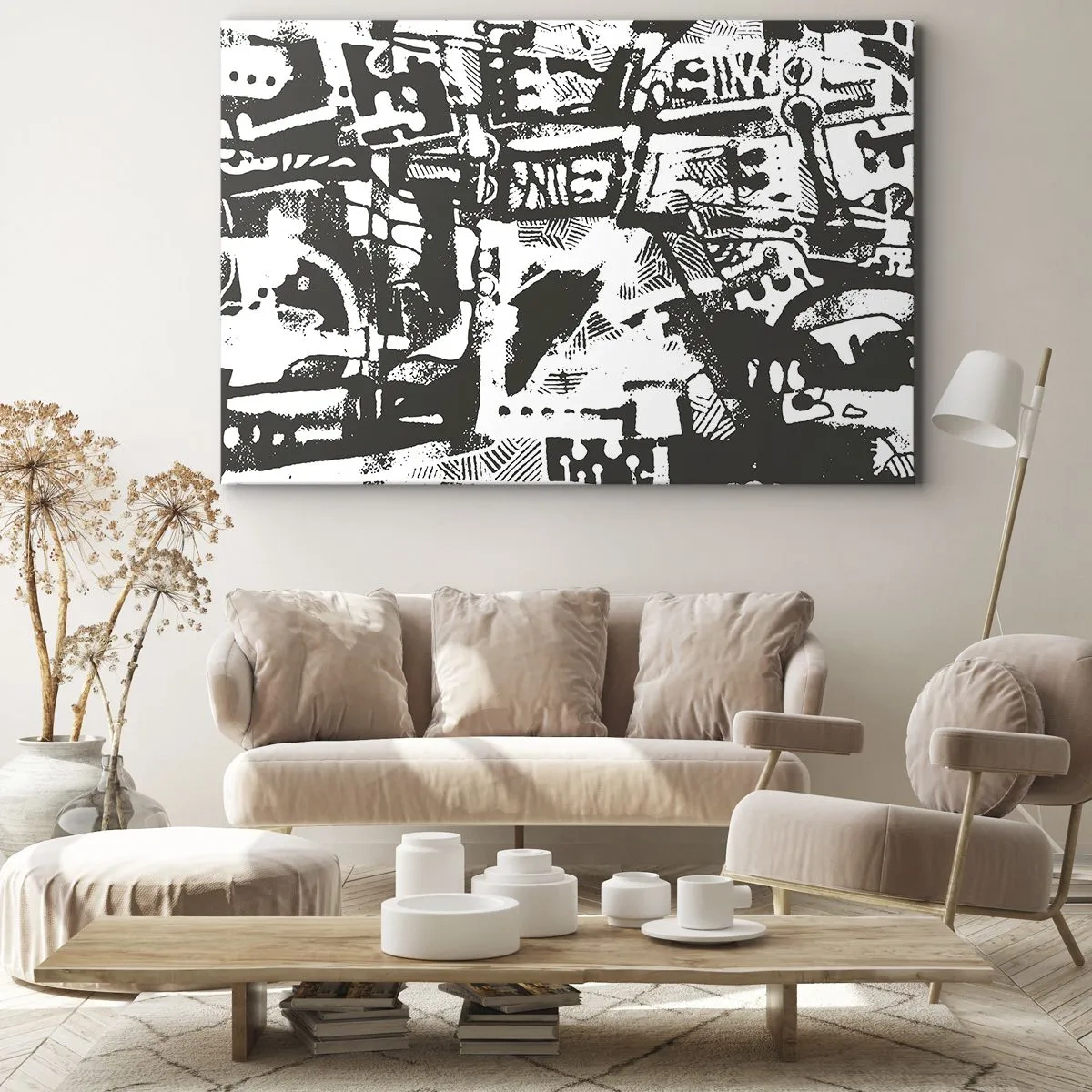 Obraz na plátne - Abstraktný monochromatický retro vzor - 70x50cm - Poriadok alebo chaos? - Moderná nástenná dekorácia do obývacej izby a spálne ARTTOR