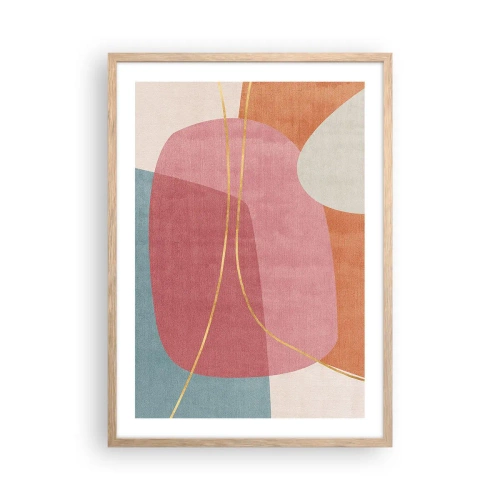 Plagát v ráme zo svetlého duba - Pastelová kompozícia so zlatou niťou - 50x70 cm