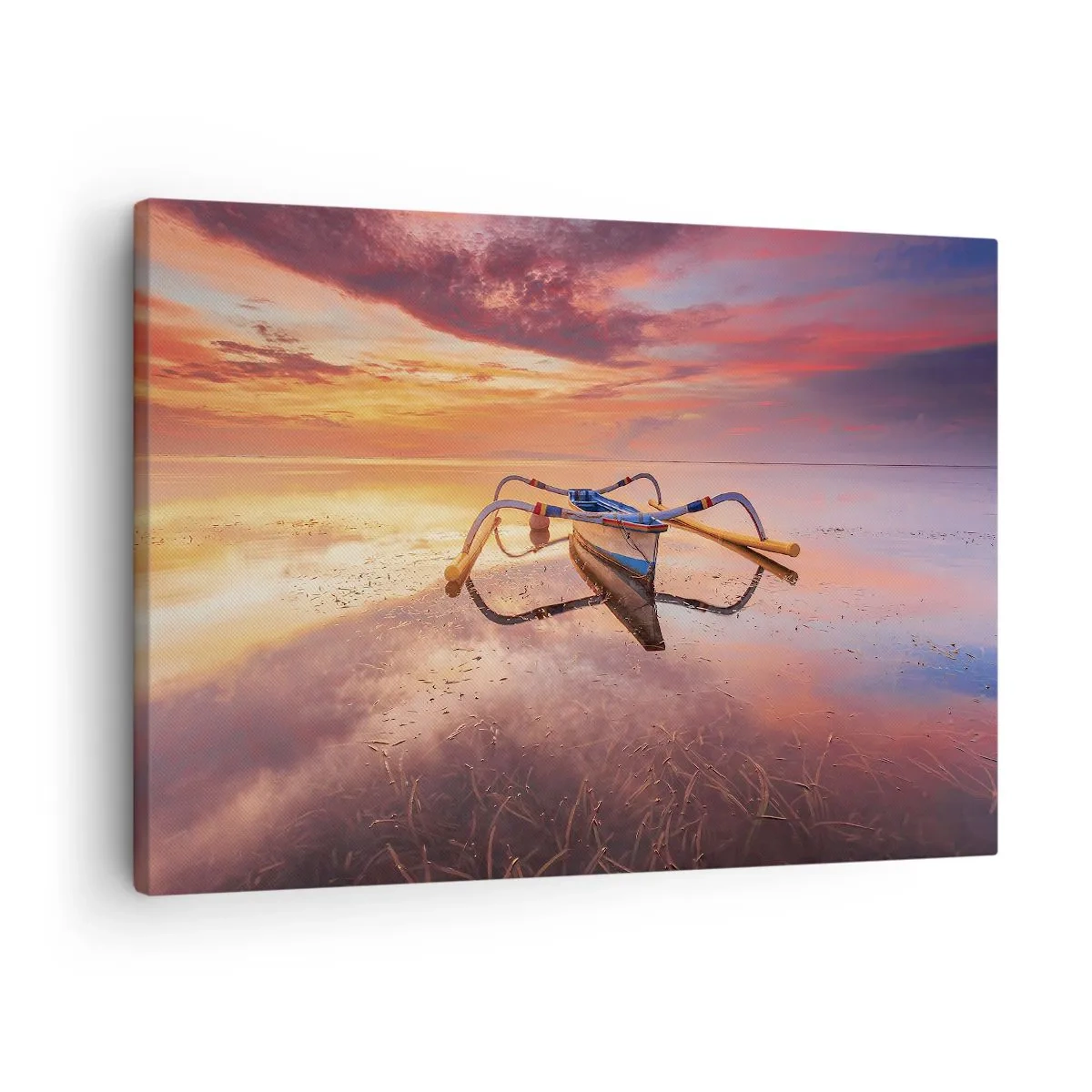 Obraz na plátne - Loď na pokojnej vode pri západe slnka - 70x50cm - Pokoj tropického večera - Moderná nástenná dekorácia do obývacej izby a spálne ARTTOR
