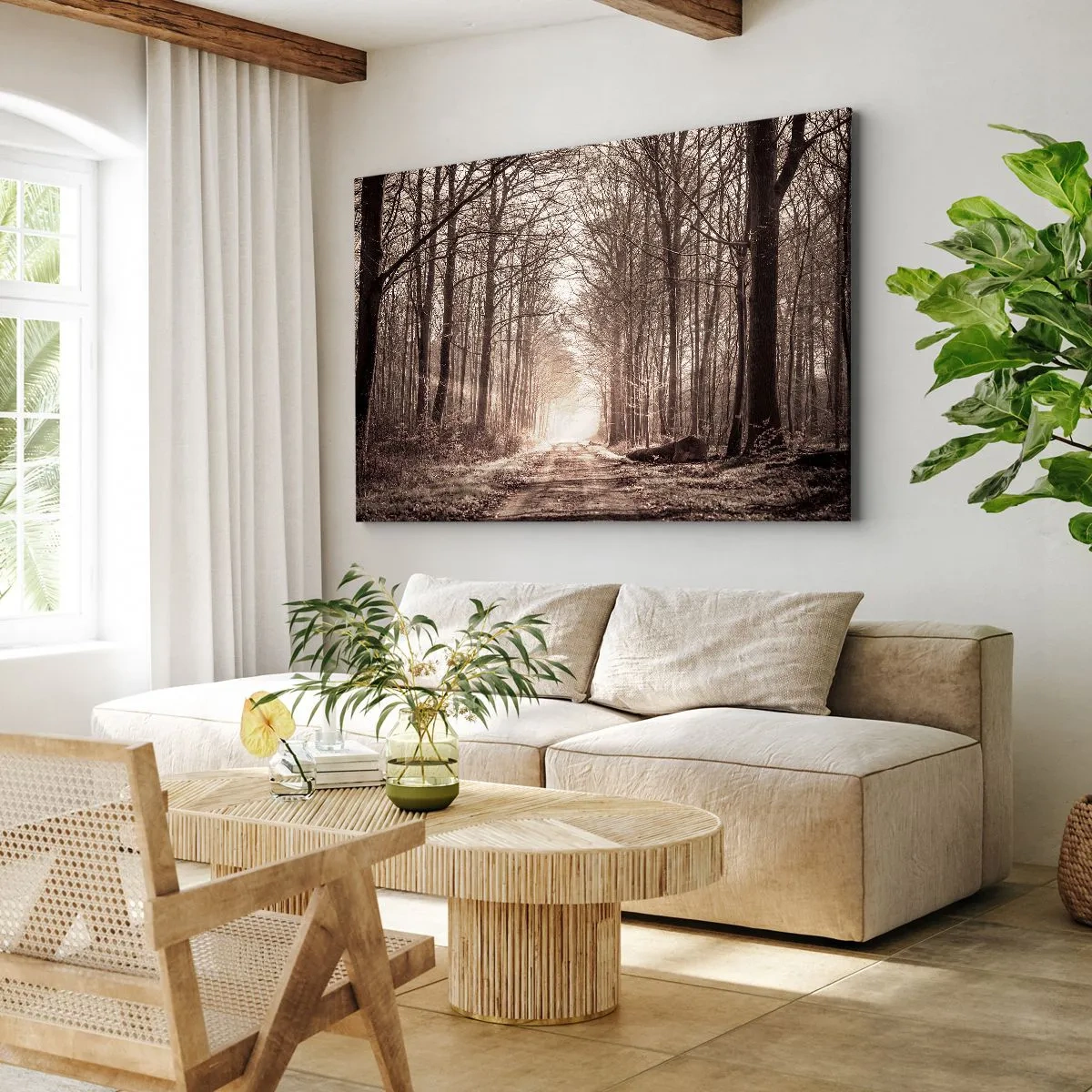 Obraz na plátne - Lesný chodník medzi stromami s sépiovými tónmi - 70x50cm - Lesná katedrála - Moderná nástenná dekorácia do obývacej izby a spálne ARTTOR