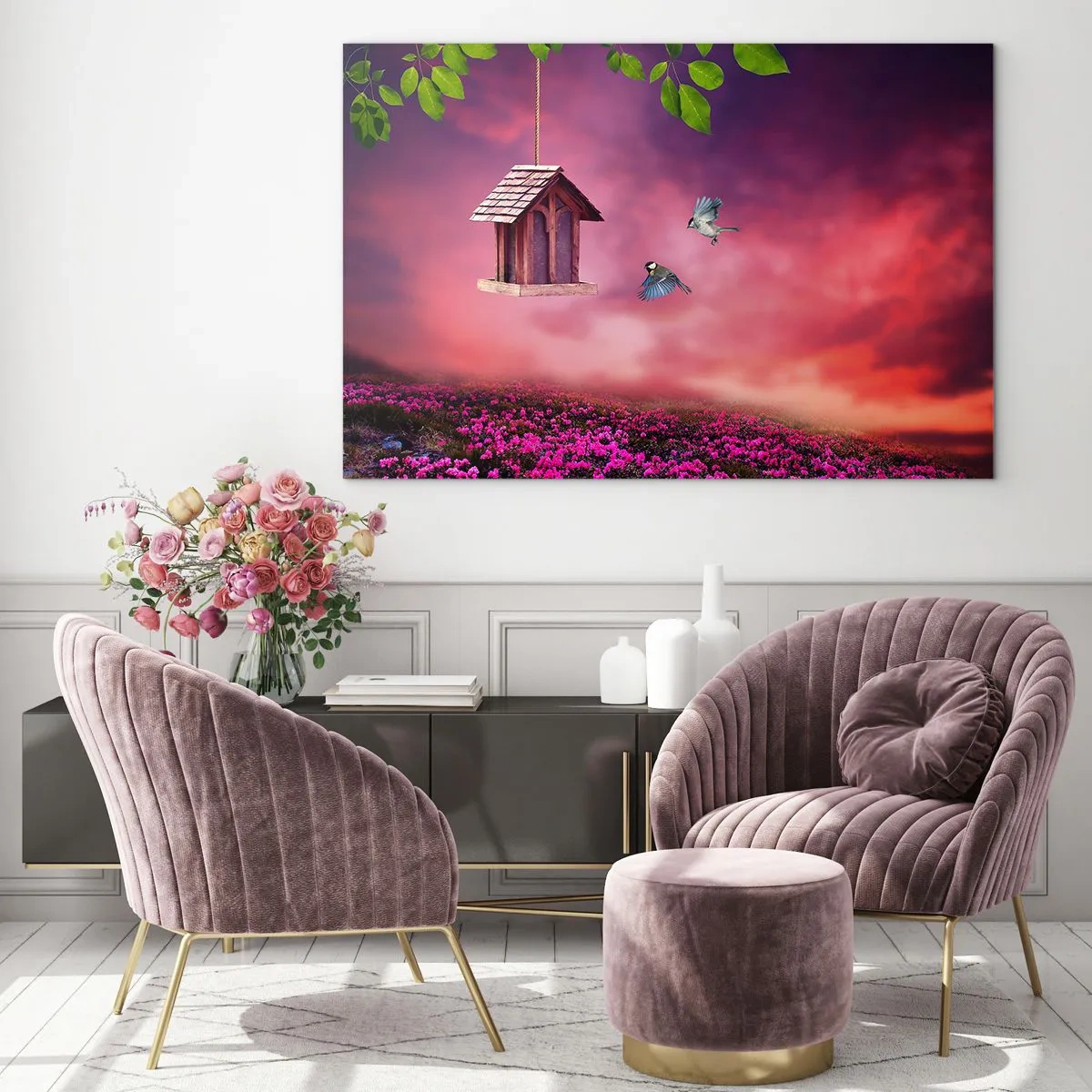 Obraz na skle - Kŕmidlo pre vtáky proti ružovej oblohe - 70x50cm - Pozvanie na večeru - Moderná nástenná dekorácia do obývacej izby a spálne ARTTOR
