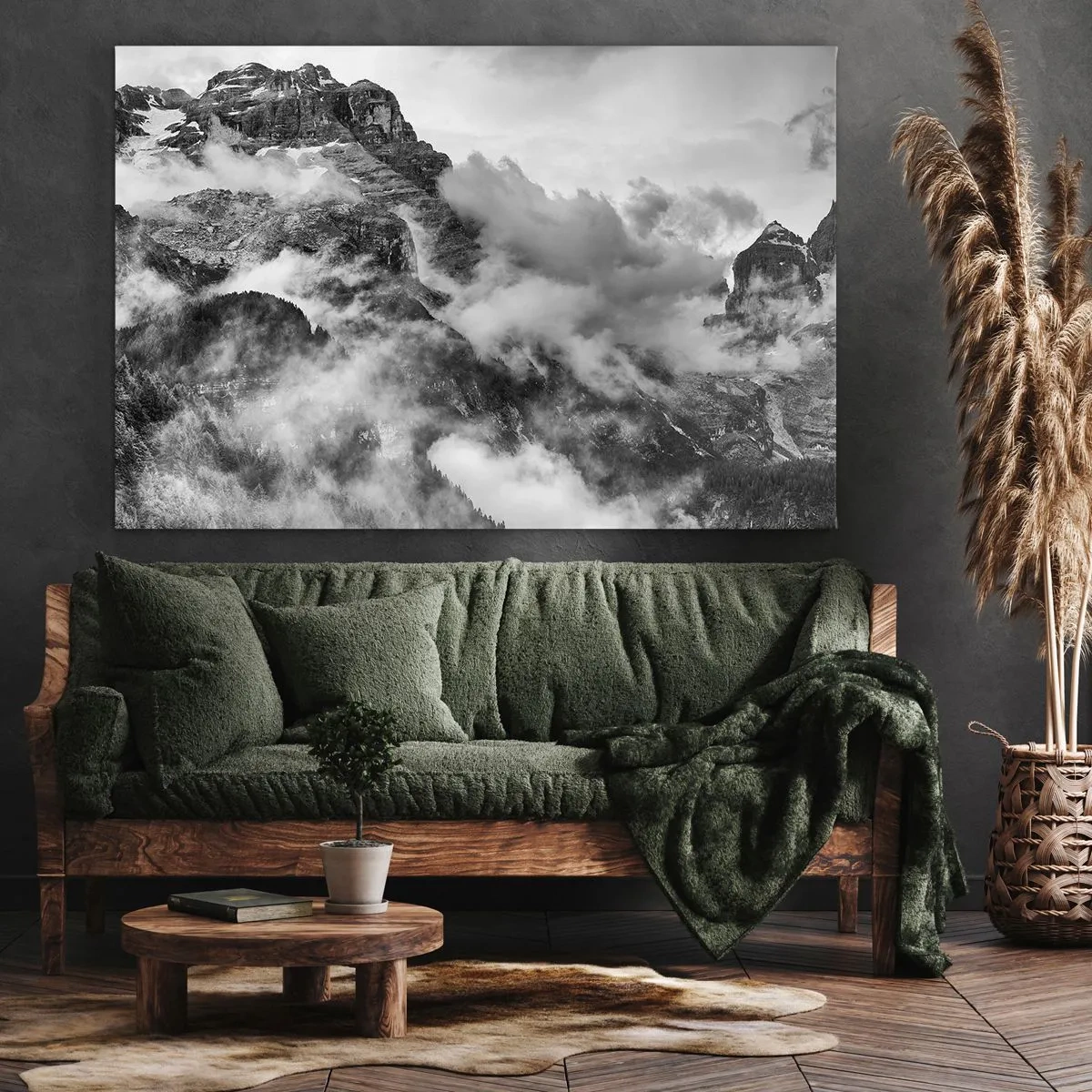 Obraz na plátne - Čiernobiely pohľad na hory obklopené oblakmi - 70x50cm - Krásne a kruté - Moderná nástenná dekorácia do obývacej izby a spálne ARTTOR