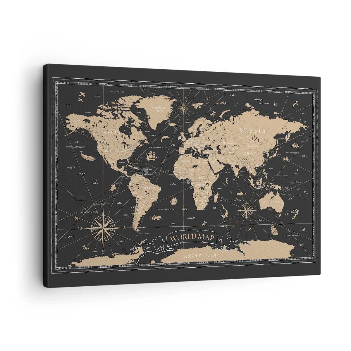 Obraz na plátne - Štylizovaná mapa sveta na čiernom pozadí s béžovými akcentmi. - 70x50cm - Hranice môjho sveta - Moderná nástenná dekorácia do obývacej izby a spálne ARTTOR