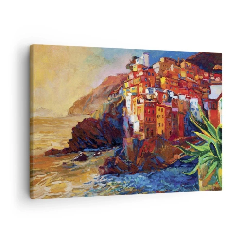 Obraz na plátne - Farebné domy na útese nad morom - 70x50cm - Taliansky nádych - Moderná nástenná dekorácia do obývacej izby a spálne ARTTOR