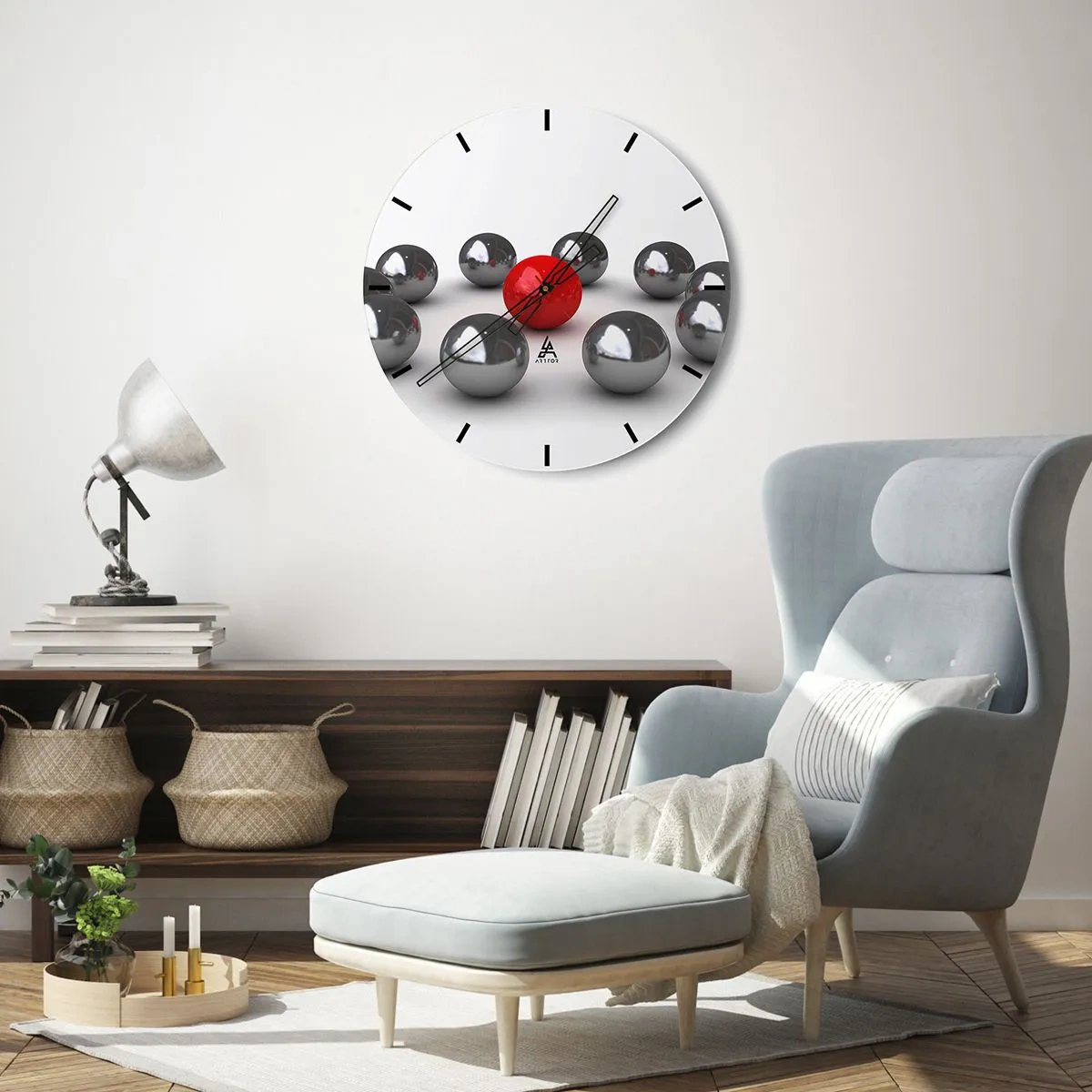 Nástenné hodiny - Červené a strieborné gule na bielom pozadí, minimalistický vzor - 30x30cm - Kruh v striebornej a červenej - Moderná nástenná dekorácia do obývacej izby, kuchyne a spálne ARTTOR