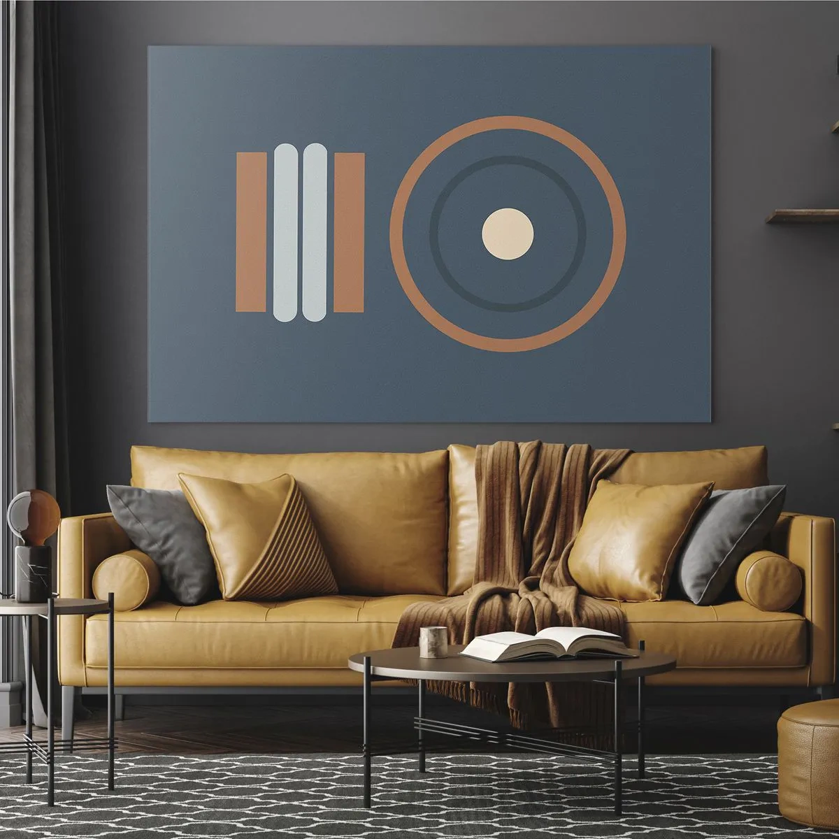 Obraz na skle - Abstraktné geometrické tvary v tlmených farbách s kruhmi a čiarami - 70x50cm - Podstata vecí - Moderná nástenná dekorácia do obývacej izby a spálne ARTTOR