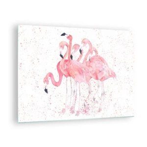 Obraz na skle - Akvarelové plameniaky na svetlom pozadí s jemnými škvrnami - 70x50cm - Ružový ansámbl - Moderná nástenná dekorácia do obývacej izby a spálne ARTTOR
