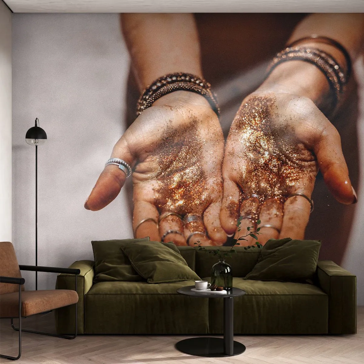 Fototapeta Premium Sand - Darček pre teba - Dámske ruky, Boho, Zlato - 350x256 cm