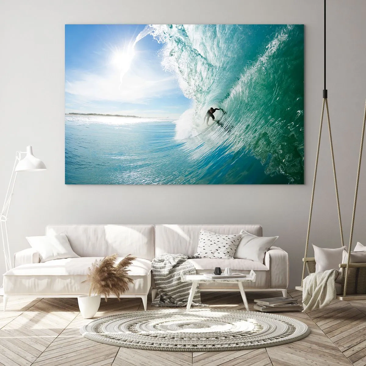 Obraz na skle - Surfer jazdiaci na vlne proti modrej oblohe - 70x50cm - Vždy na povrchu - Moderná nástenná dekorácia do obývacej izby a spálne ARTTOR