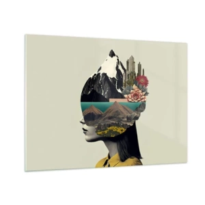 Obraz na skle - Silueta ženy s horskou krajinou a flórou v hlave - 70x50cm - Žena – vždy tajomstvo - Moderná nástenná dekorácia do obývacej izby a spálne ARTTOR