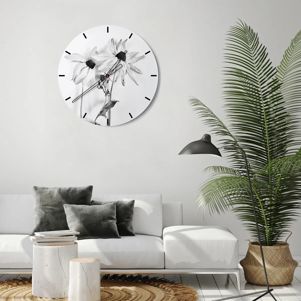 Nástenné hodiny - Tri čiernobiele kvety s jemne ovisnutými okvetnými lístkami - 30x30cm - Nikto nechce byť sám - Moderná nástenná dekorácia do obývacej izby, kuchyne a spálne ARTTOR