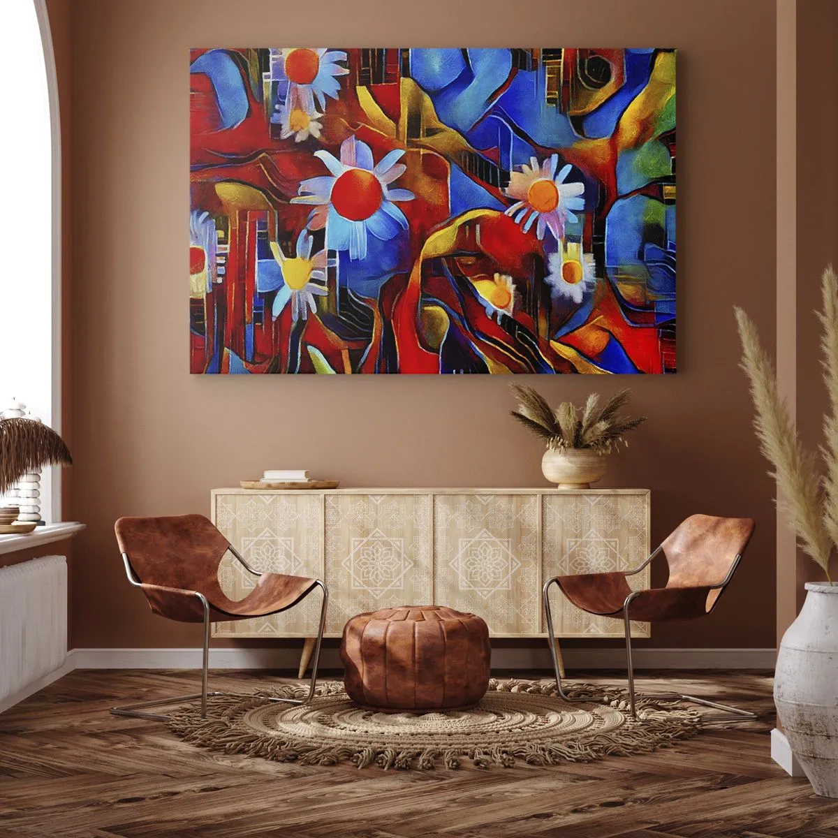 Obraz na plátne - Abstraktné kvety na pozadí geometrických vzorov - 70x50cm - Farby života - Moderná nástenná dekorácia do obývacej izby a spálne ARTTOR