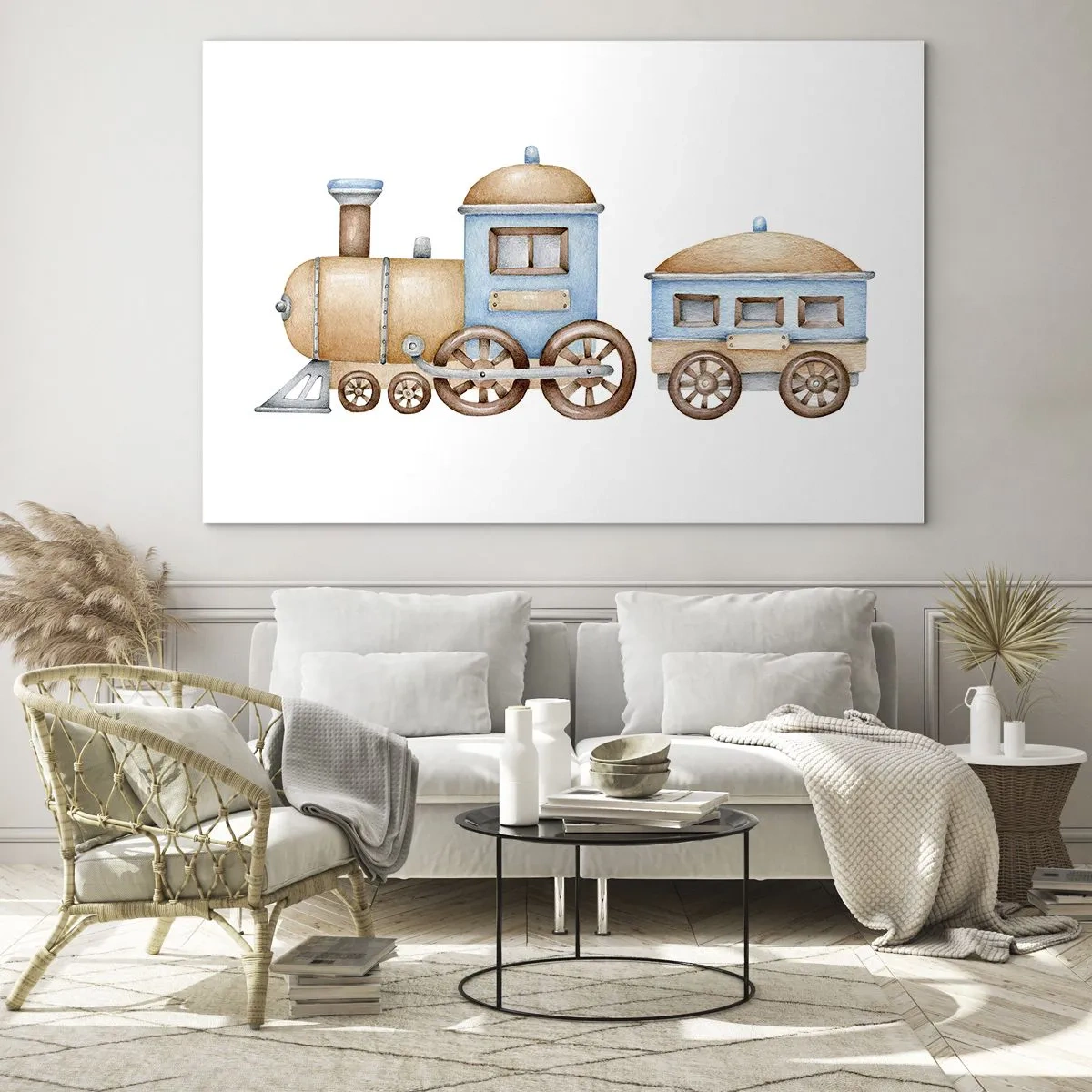 Obraz na skle - Ilustrácia parného vlaku v odtieňoch modrej a béžovej na bielom pozadí - 70x50cm - Na dráhe stojí… - Moderná nástenná dekorácia do obývacej izby a spálne ARTTOR