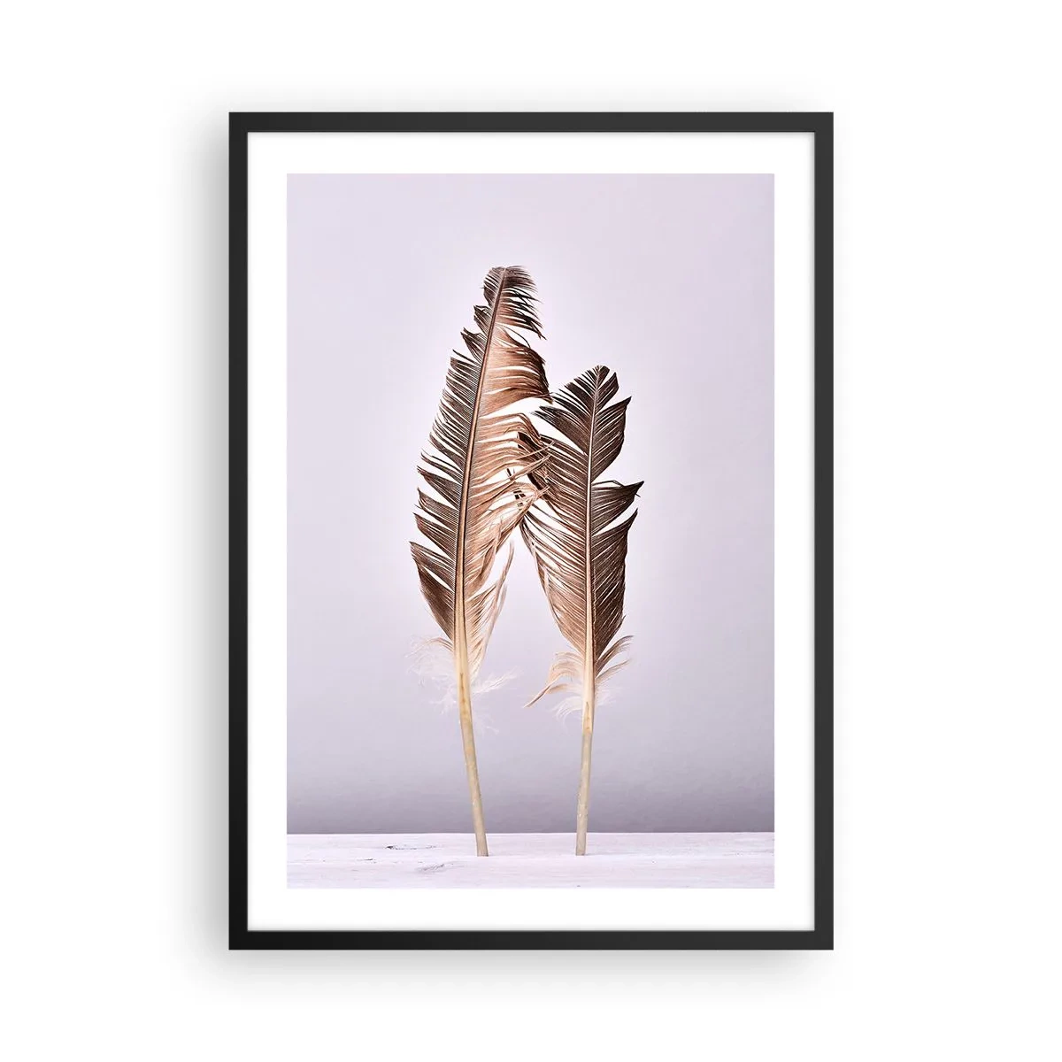 Plagát v čiernom ráme - Dve hnedé pierka na svetlom pozadí v minimalistickom štýle - 50x70cm - Proti ničote - Moderná nástenná dekorácia do obývacej izby a spálne ARTTOR