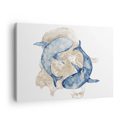 Obraz na plátne - Abstraktné modré veľryby na svetlom pozadí - 70x50cm - Priateľstvo alebo láska? - Moderná nástenná dekorácia do obývacej izby a spálne ARTTOR