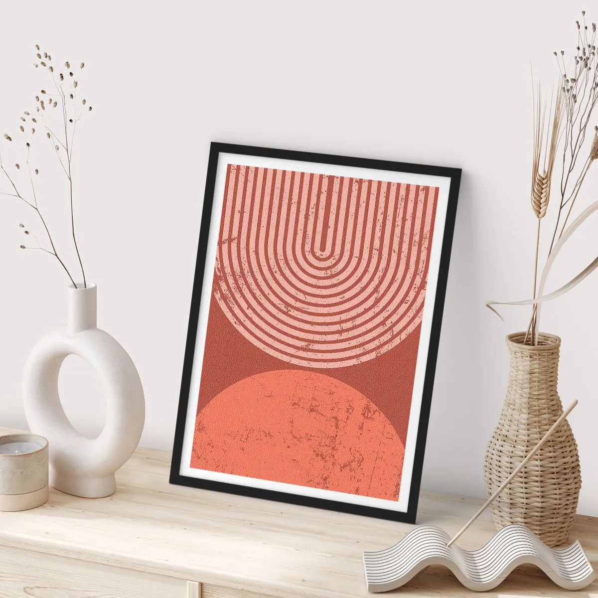 Plagát v čiernom ráme - Geometrická abstrakcia v odtieňoch terakoty s vintage efektom - 50x70cm - Blízky vzťah - Moderná nástenná dekorácia do obývacej izby a spálne ARTTOR