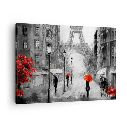 Obraz na plátne - Ulica s výhľadom na Eiffelovu vežu a červené dáždniky - 70x50cm - Všetky cesty vedú k nej - Moderná nástenná dekorácia do obývacej izby a spálne ARTTOR