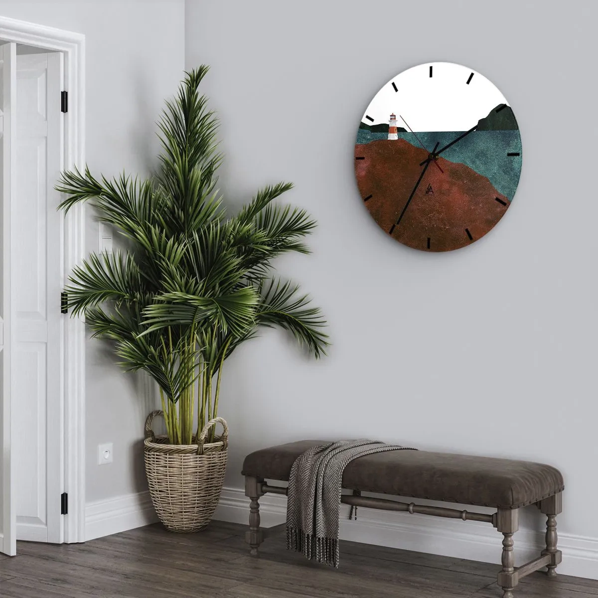 Nástenné hodiny - Maják na kopci pri tichom pobreží - 30x30cm - Hľadiaca na more - Moderná nástenná dekorácia do obývacej izby, kuchyne a spálne ARTTOR