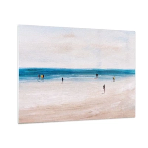 Obraz na skle - Tichá pláž so siluetami ľudí kráčajúcich pozdĺž morskej línie - 70x50cm - Prirodzená potreba - Moderná nástenná dekorácia do obývacej izby a spálne ARTTOR