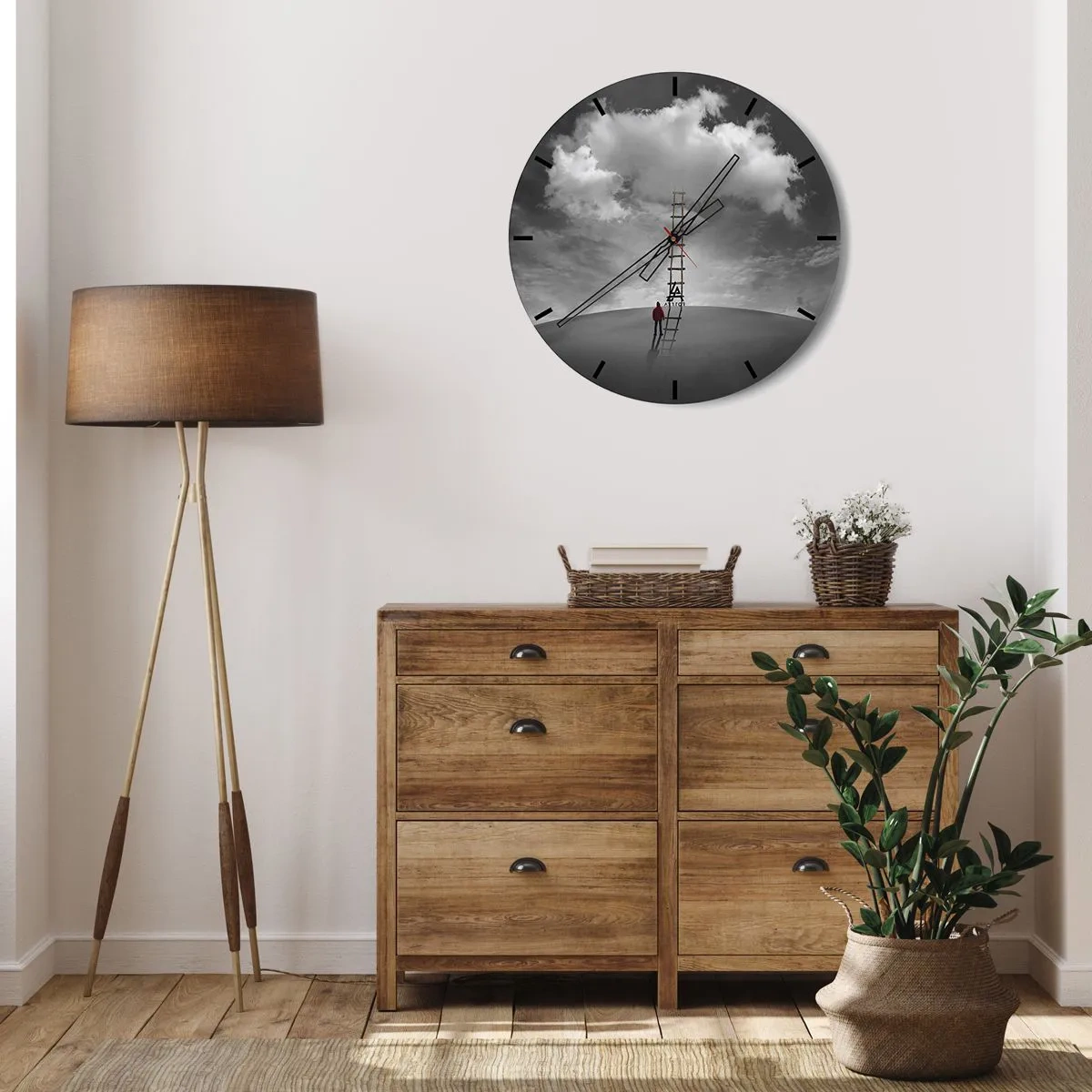 Nástenné hodiny - Muž lezie po rebríku k oblaku proti oblohe - 30x30cm - Všetko je možné - Moderná nástenná dekorácia do obývacej izby, kuchyne a spálne ARTTOR