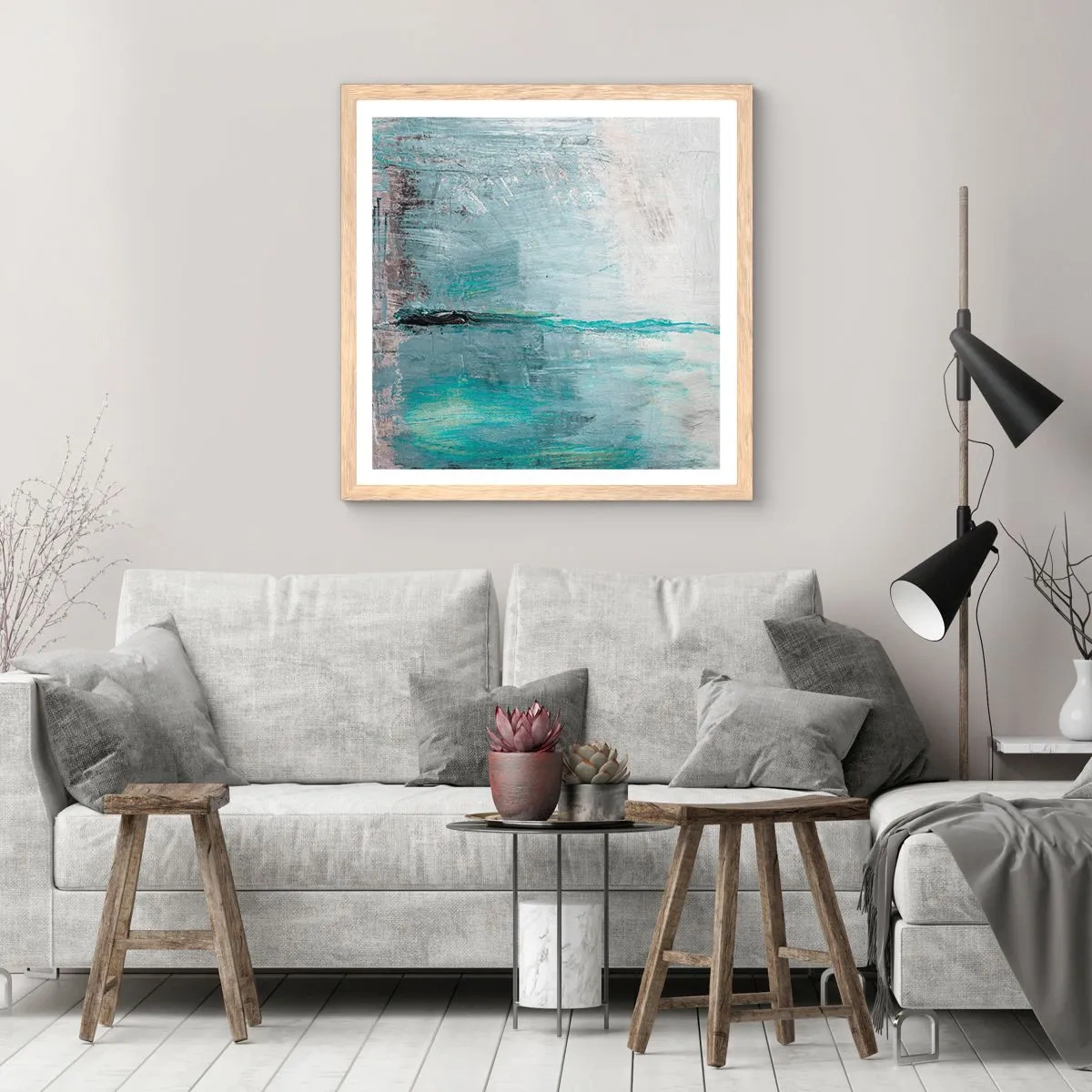 Plagát v ráme zo svetlého duba - Horizontálne v modrej - 60x60 cm