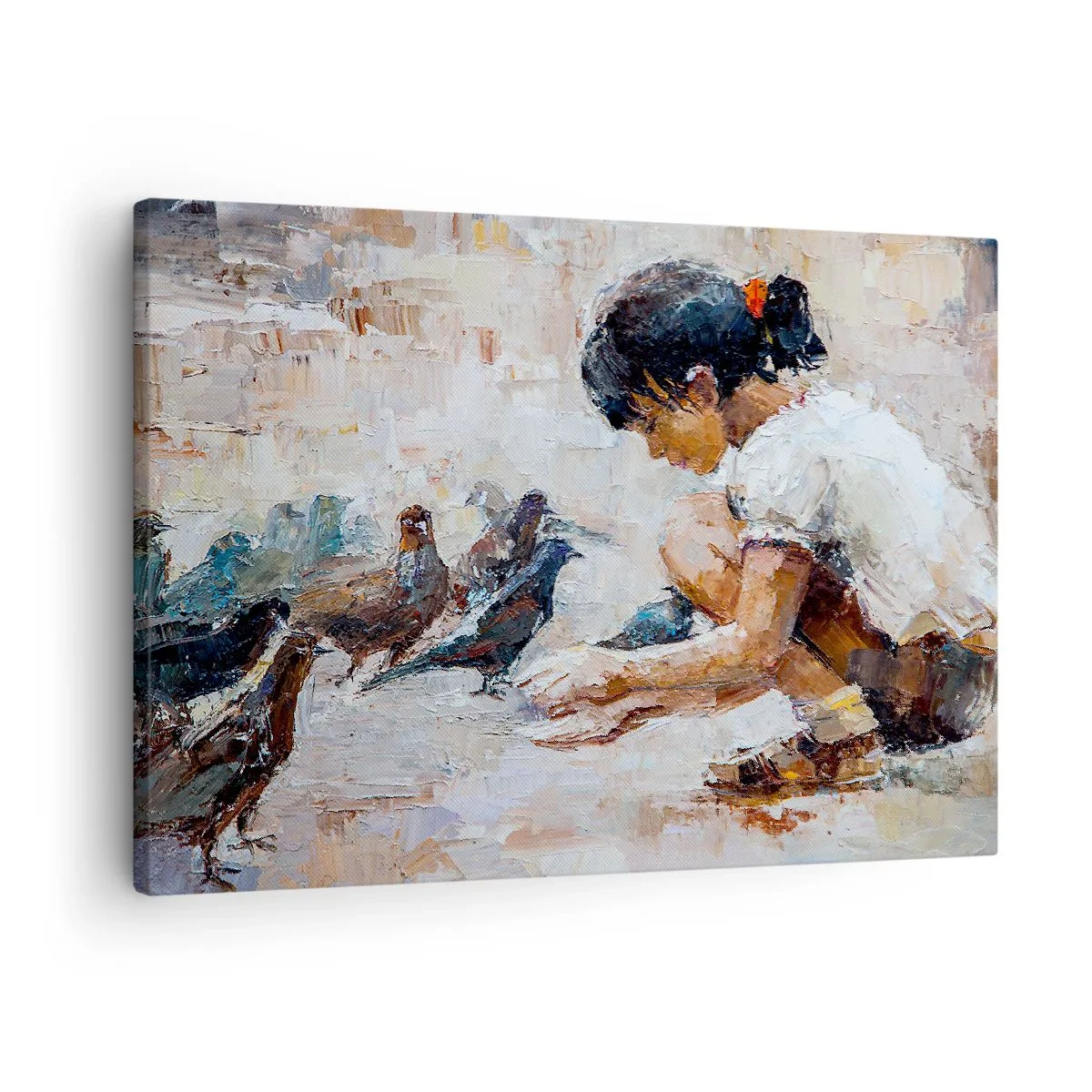 Obraz na plátne - Dievča kŕmi vtáky maliarskym štýlom - 70x50cm - Maličkí a najmilší - Moderná nástenná dekorácia do obývacej izby a spálne ARTTOR