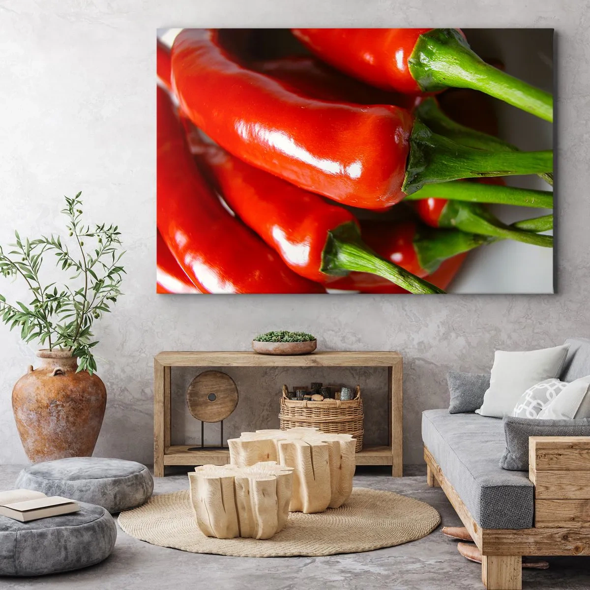 Obraz na plátne - Detailný záber červených chilli papričiek so zelenými stonkami - 70x50cm - Šťavnaté, lesklé, hladké - Moderná nástenná dekorácia do obývacej izby a spálne ARTTOR