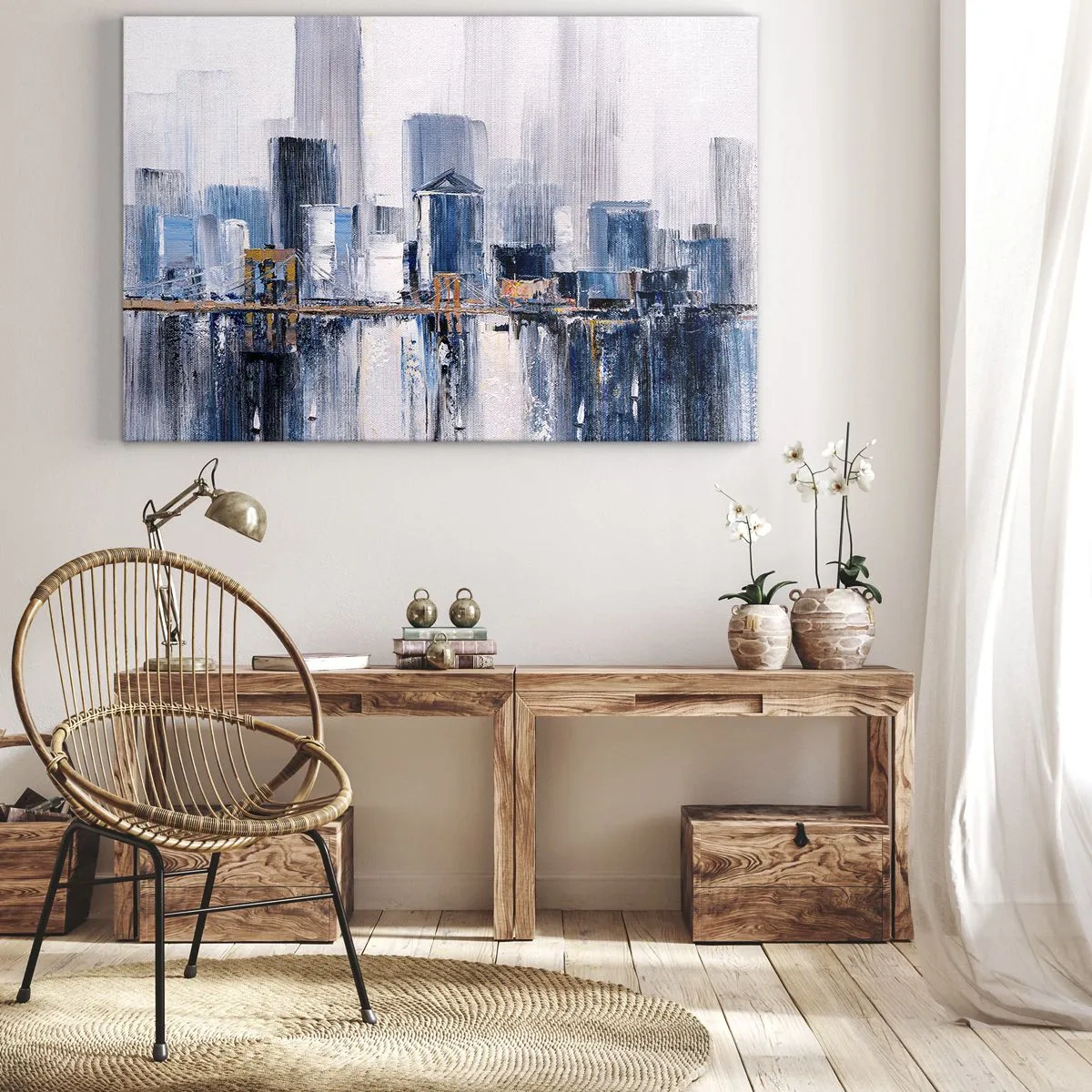 Obraz na plátne - Abstraktná panoráma mesta s odtieňmi modrej a žltej - 70x50cm - Newyorská impresia - Moderná nástenná dekorácia do obývacej izby a spálne ARTTOR