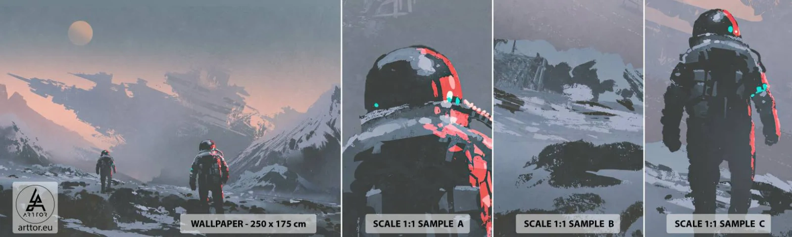 Vzorka samolepiacej fototapety Deluxe Sticker - Pod neznámou hviezdou - Abstrakcia, Astronaut, kozmonaut - 100x30 cm