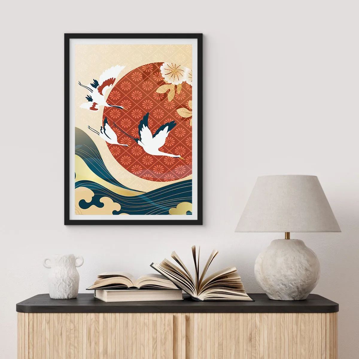 Plagát v čiernom ráme - Japonská kompozícia so žeriavmi, vlnami a červeným kruhom - 50x70cm - Japonská rozprávka - Moderná nástenná dekorácia do obývacej izby a spálne ARTTOR