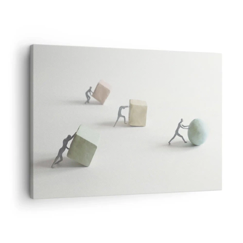Obraz na plátne - Miniatúrne figúrky tlačiace tvary na svetlom pozadí - 70x50cm - Život samotný - Moderná nástenná dekorácia do obývacej izby a spálne ARTTOR