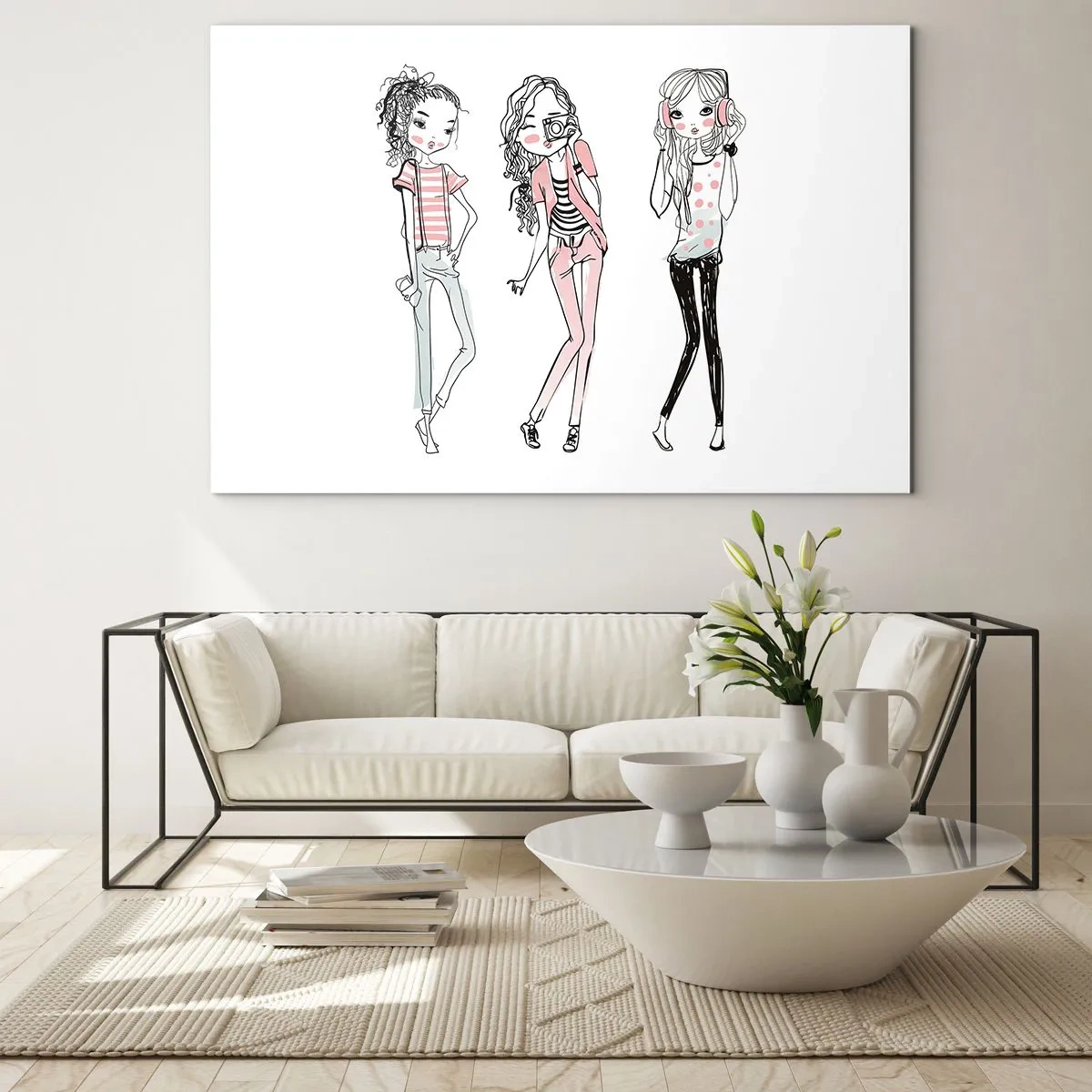Obraz na skle - Tri štýlové dievčatá v pastelových farbách - 70x50cm - Bude, bude zábava - Moderná nástenná dekorácia do obývacej izby a spálne ARTTOR