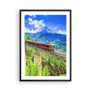 Plagát v čiernom ráme - Vlak na moste v Alpách s výhľadom na Matterhorn - 50x70cm - Alpská železnica - Moderná nástenná dekorácia do obývacej izby a spálne ARTTOR