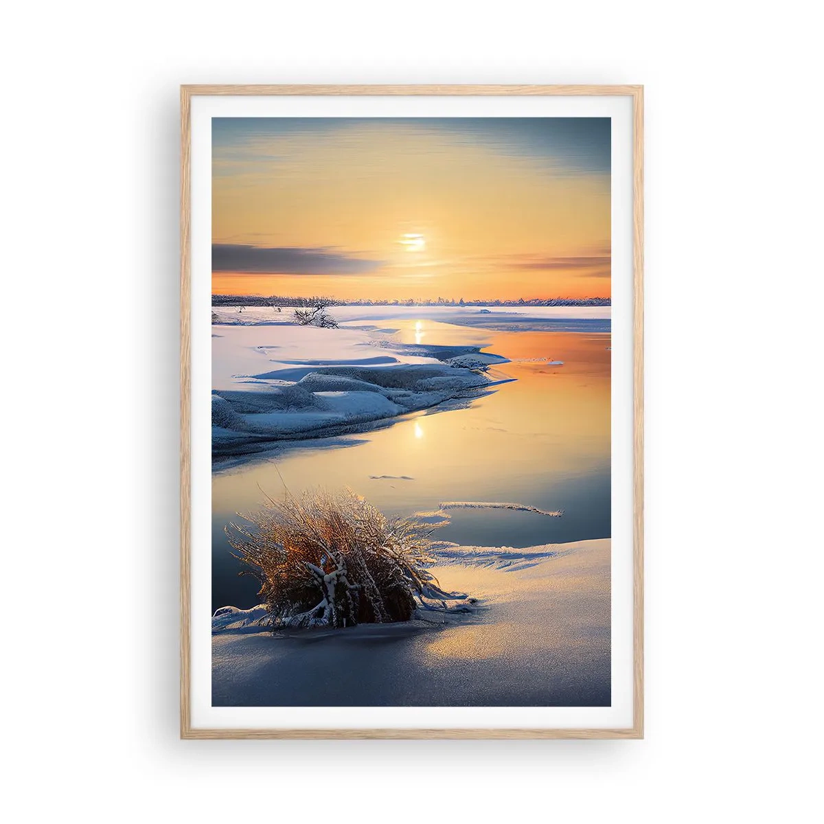 Plagát v ráme zo svetlého duba - Zimný západ slnka - 70x100 cm