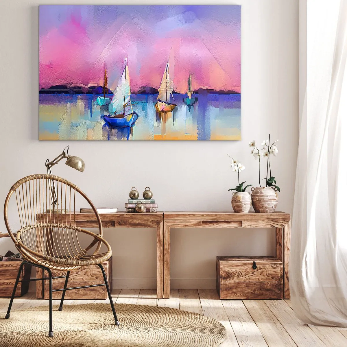 Obraz na plátne - Plachetnice na pokojnom mori v pastelových farbách západu slnka - 70x50cm - Smer: široká voda - Moderná nástenná dekorácia do obývacej izby a spálne ARTTOR