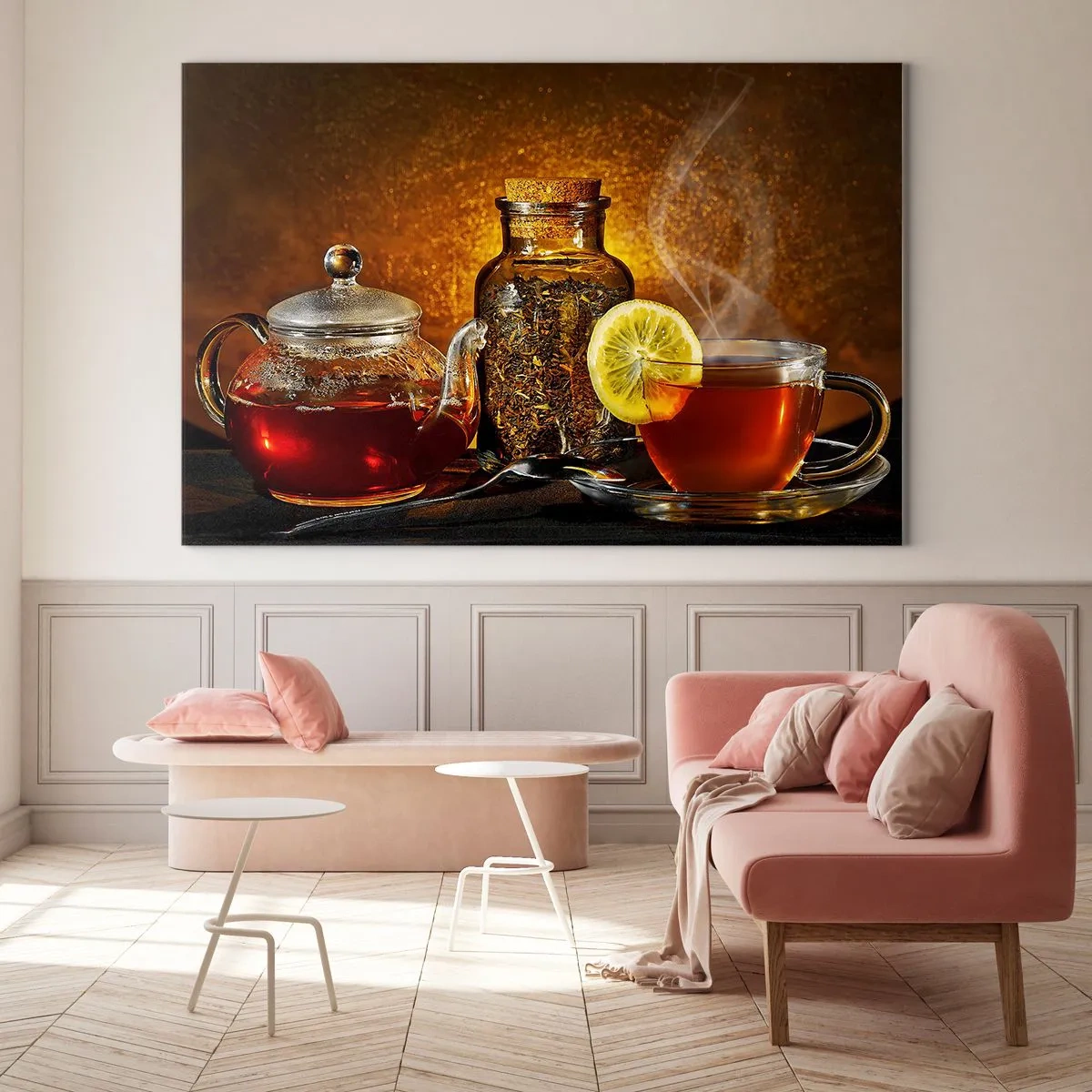 Obraz na skle - Sklenená kanvica na čaj a šálka čaju s citrónom - 70x50cm - V štýle holandských majstrov - Moderná nástenná dekorácia do obývacej izby a spálne ARTTOR
