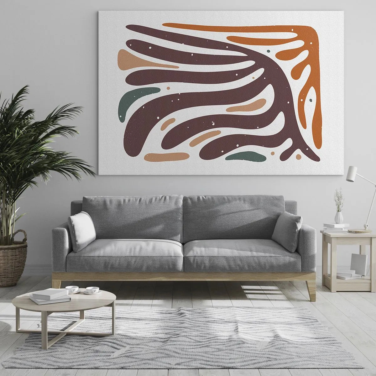 Obraz na skle - Abstraktné tvary v hnedej a oranžovej farbe vyžarujúce na bielom pozadí - 70x50cm - Organická a radiálna kompozícia - Moderná nástenná dekorácia do obývacej izby a spálne ARTTOR