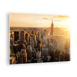 Obraz na skle - Panoráma New Yorku pri západe slnka - 70x50cm - Rast na slnku - Moderná nástenná dekorácia do obývacej izby a spálne ARTTOR