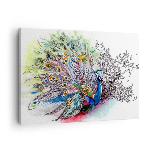 Obraz na plátne - Páv v farebnom akvarelovom štýle s abstraktnými perami - 70x50cm - S pýchou proti šedi  - Moderná nástenná dekorácia do obývacej izby a spálne ARTTOR