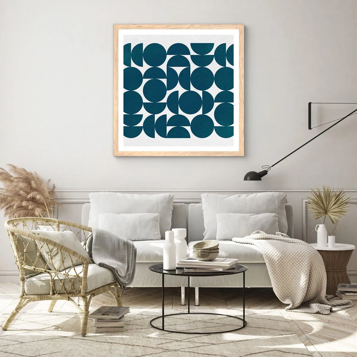 Plagát v ráme zo svetlého duba - Kruhy a polkruhy - 60x60 cm