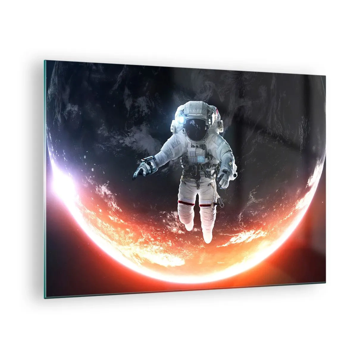Obraz na skle - Astronaut vo vesmíre s planétou v pozadí - 70x50cm - Môžem zostať ešte chvíľku? - Moderná nástenná dekorácia do obývacej izby a spálne ARTTOR
