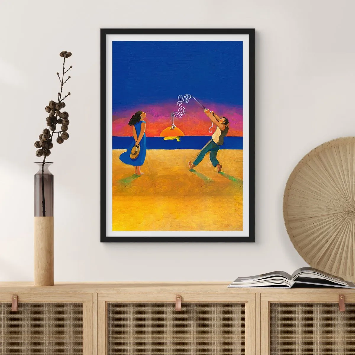 Plagát v čiernom ráme - Postavy na pláži pri západe slnka - 50x70cm - Viac ako hviezda z neba - Moderná nástenná dekorácia do obývacej izby a spálne ARTTOR