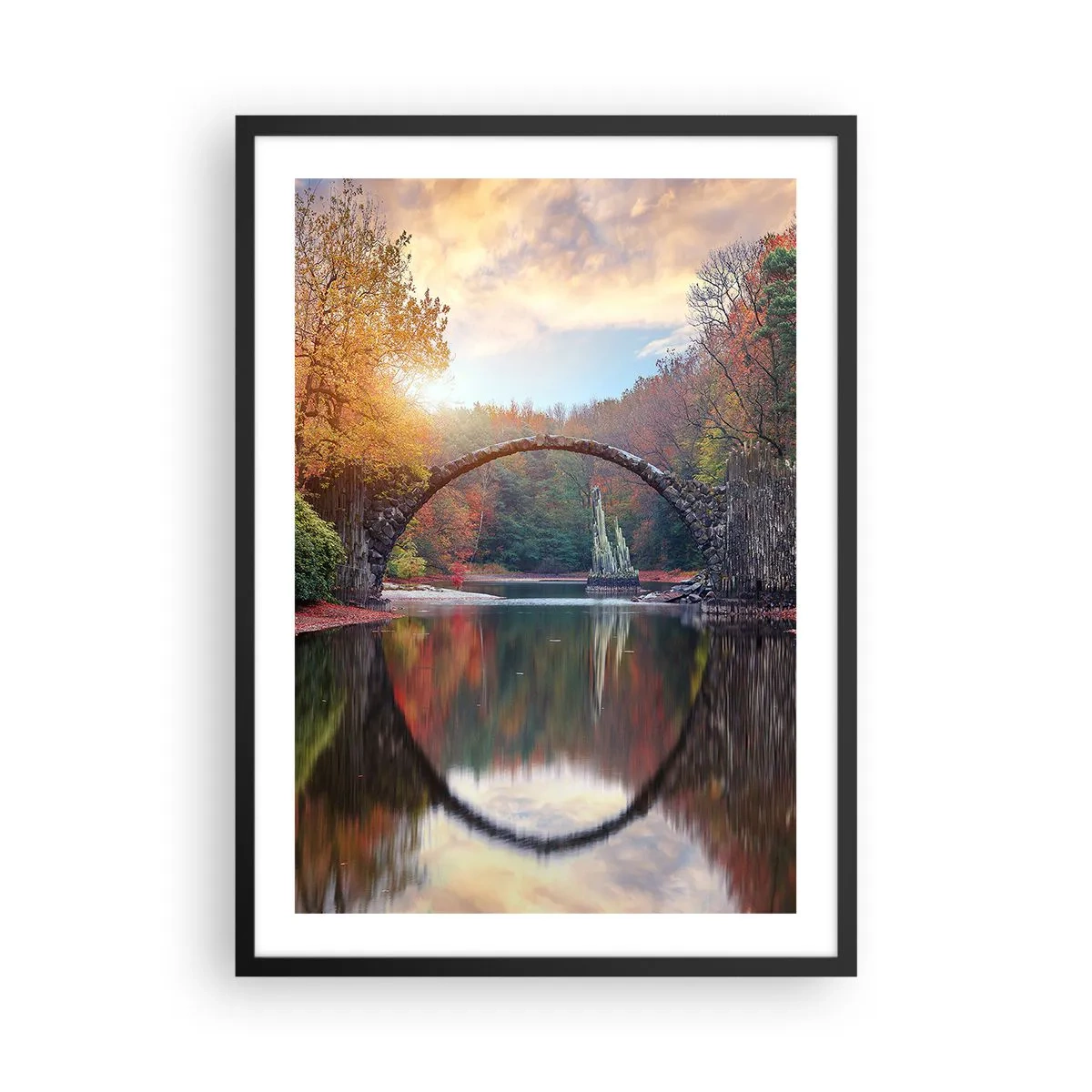 Plagát v čiernom ráme - Kamenný most cez jazero v jesennej scenérii - 50x70cm - Za zrkadlom - Moderná nástenná dekorácia do obývacej izby a spálne ARTTOR