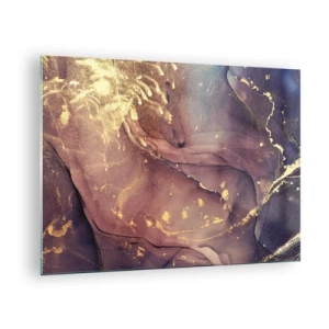 Obraz na skle - Abstraktná kompozícia s fialovými a zlatými škvrnami a štruktúrou. - 70x50cm - Hmota a duch - Moderná nástenná dekorácia do obývacej izby a spálne ARTTOR